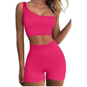 Viral TikTok Style Hot Pink Workout Set – One Shoulder Bra + Biker Shorts (L)